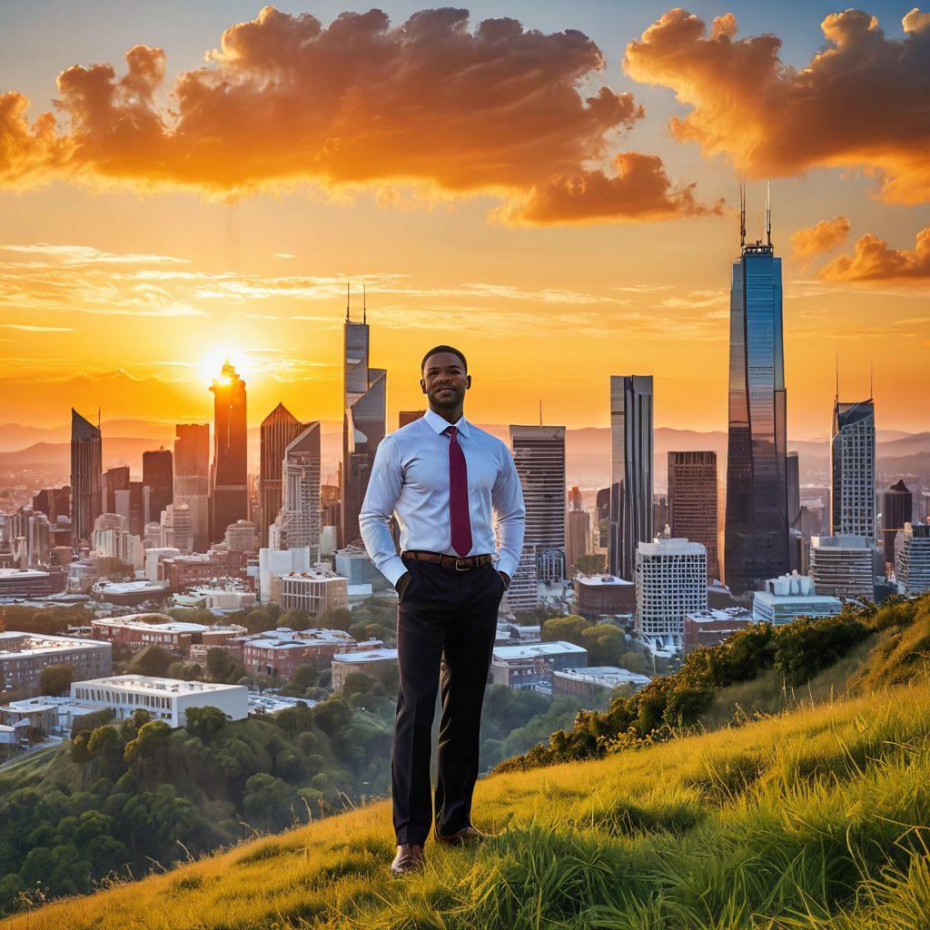 A confident business leader standing on a hilltop overlooking a thriving city, symbolizing growth and empowerment. Surround them with gears and charts representing strategic planning and development. Include diverse professionals collaborating in the background to emphasize teamwork and innovation. Bright sunrise illuminating the scene to convey hope and potential. vibrant colors. super-realistic.
