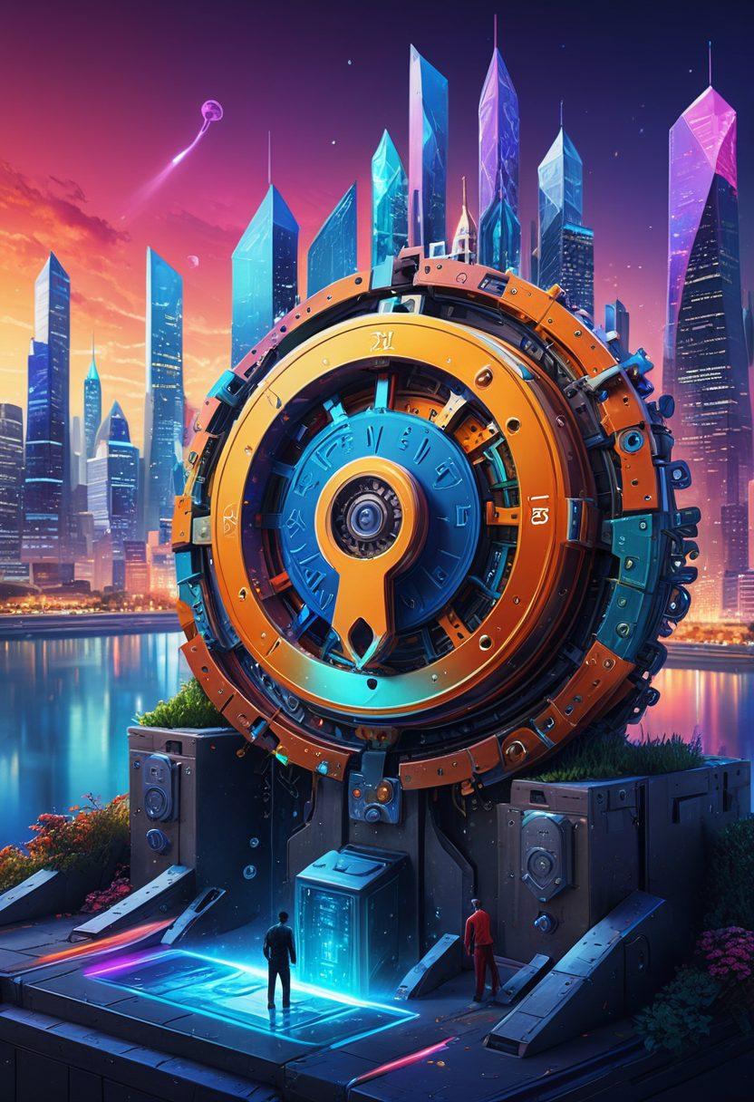 A dynamic representation of a business landscape with a key unlocking a vibrant digital vault, symbolizing growth and transformation. Include elements like upward-trending graphs, diverse professionals collaborating, and colorful gears working together, signifying innovation in strategy. The background should feature abstract, futuristic cityscapes to convey progress. super-realistic. vibrant colors. 3D.