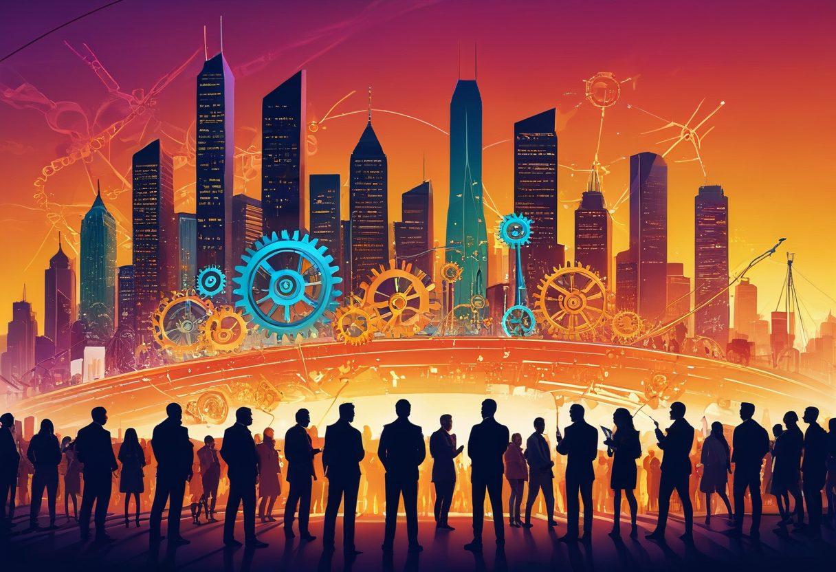 A dynamic illustration symbolizing growth through technology, featuring an upward arrow intertwined with gears and digital elements, set against a backdrop of a bustling city skyline at sunrise. Incorporate vibrant colors to represent energy and innovation, with people engaged in collaborative discussions in the foreground, embodying teamwork and progress. super-realistic. vibrant colors. 3D.